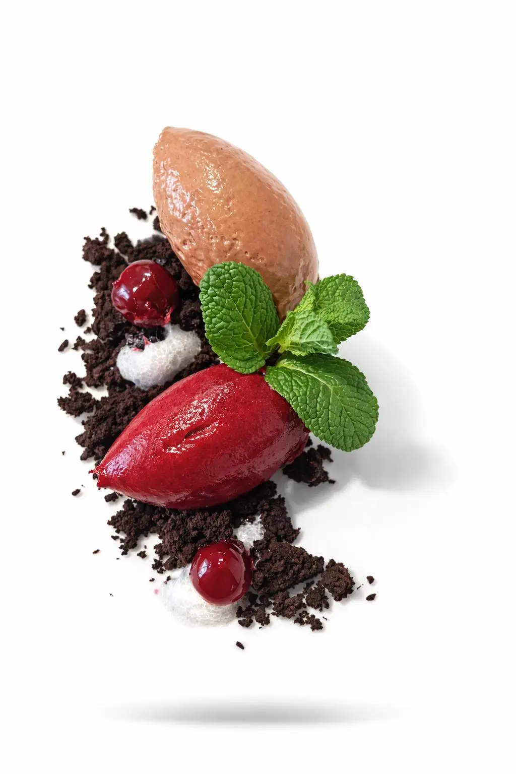 Dessert mit zweierlei Sorbet, Schokoladenerde und Minze
